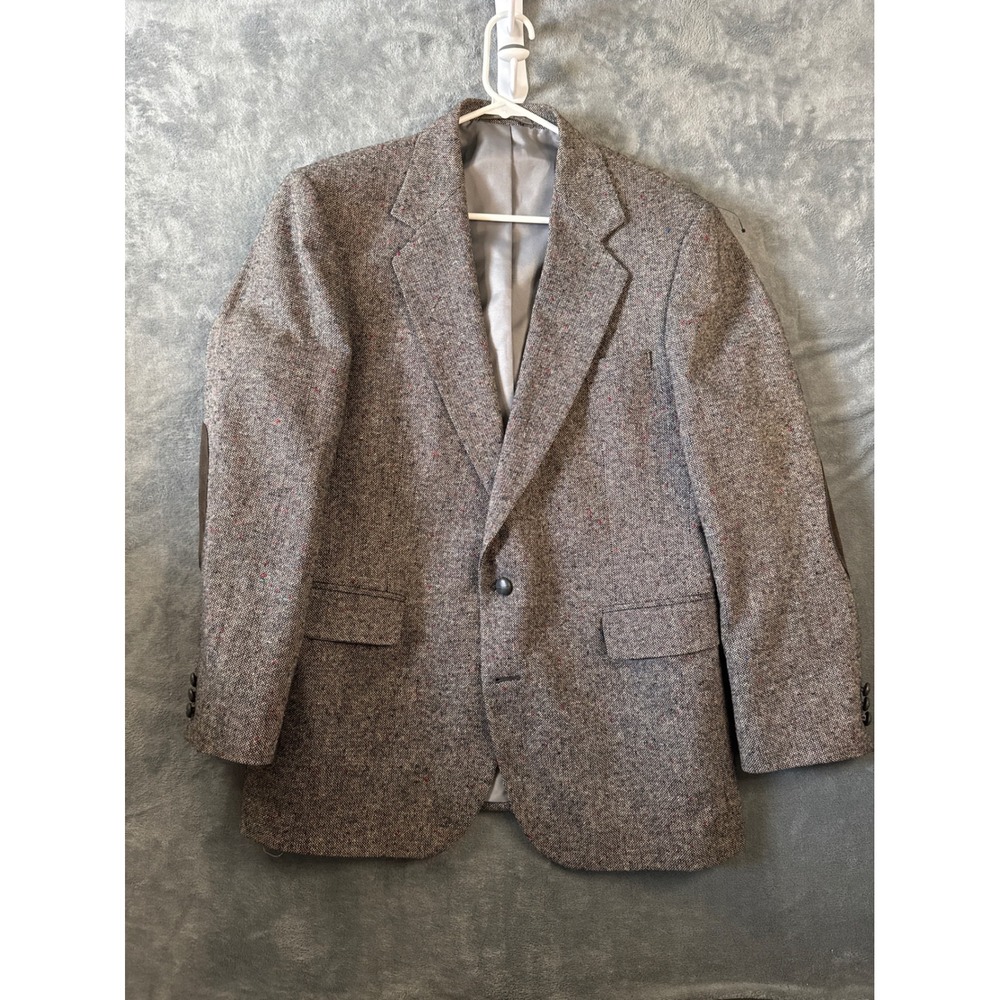 Vintage Gray Haggar Donegel Tweed Blazer Elbow Patches Two Button Sport Coat